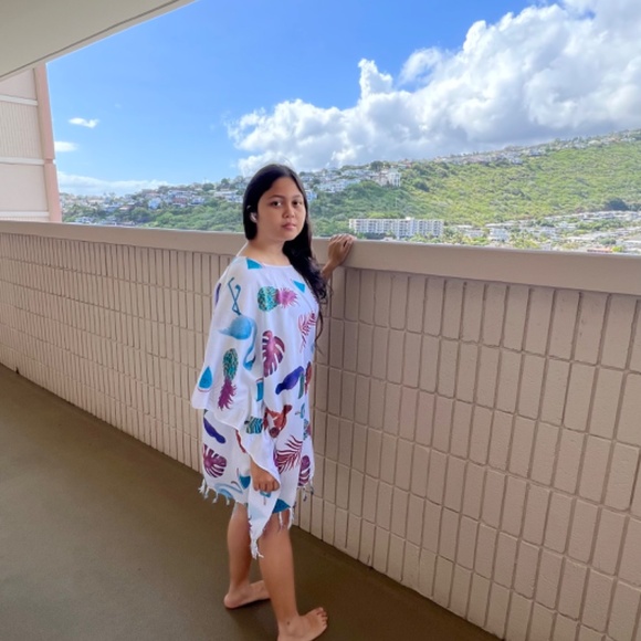 Beach Cover up, Natural Pattern Poncho With Fringe , Swimming Cover Up - Picture 4 of 11